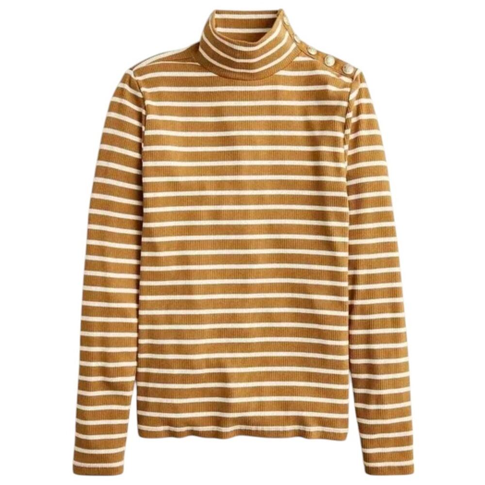 J. Crew Caramel Tan Striped Ribbed Gold Button Shoulder Top
